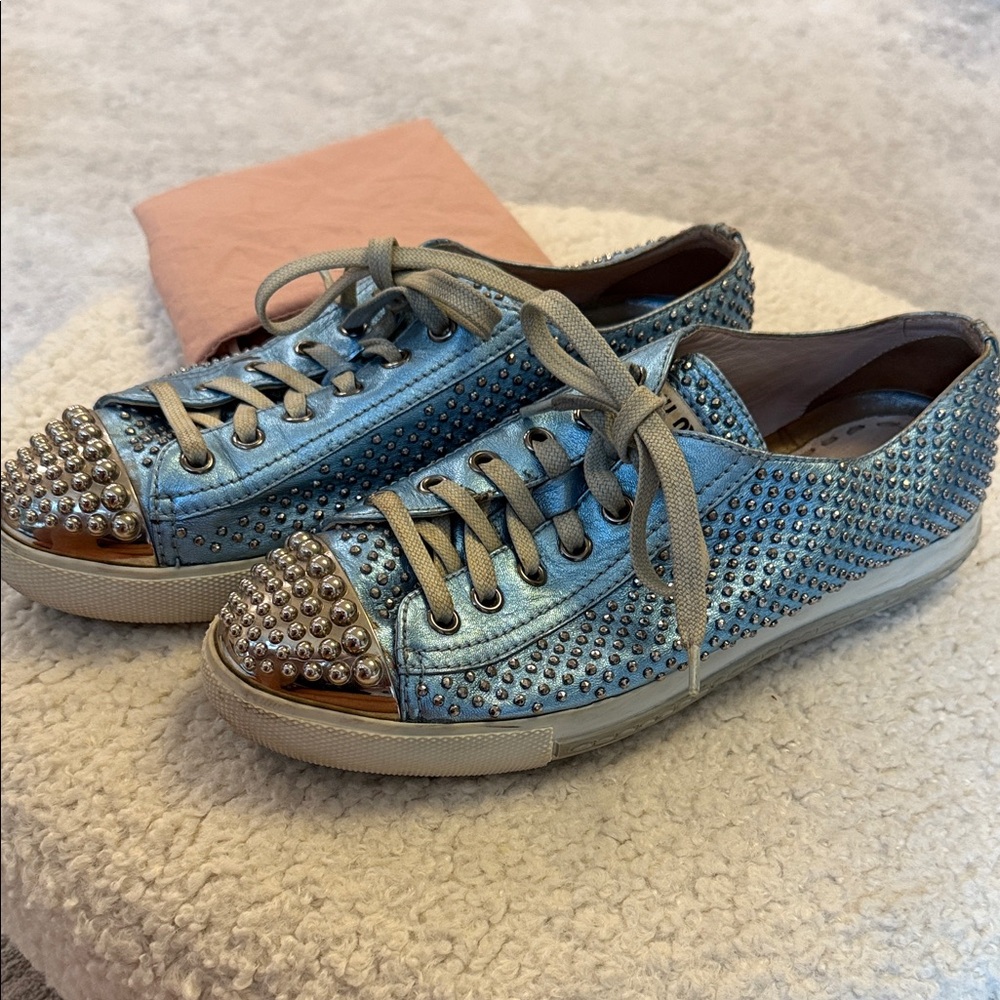 Miu Miu Metallic Blue Studded Sneakers